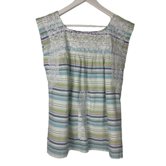 J. Marie Stripe embroidered Top size Medium Green Blue White - Picture 1 of 12